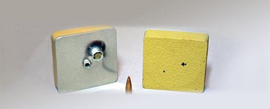 Figure 3. Exit Holes Through an Alumininum Substrate (left) and Entrance Holes Through the Opposite Side Spray-Coated With BattleJacket Material (right) [5].
